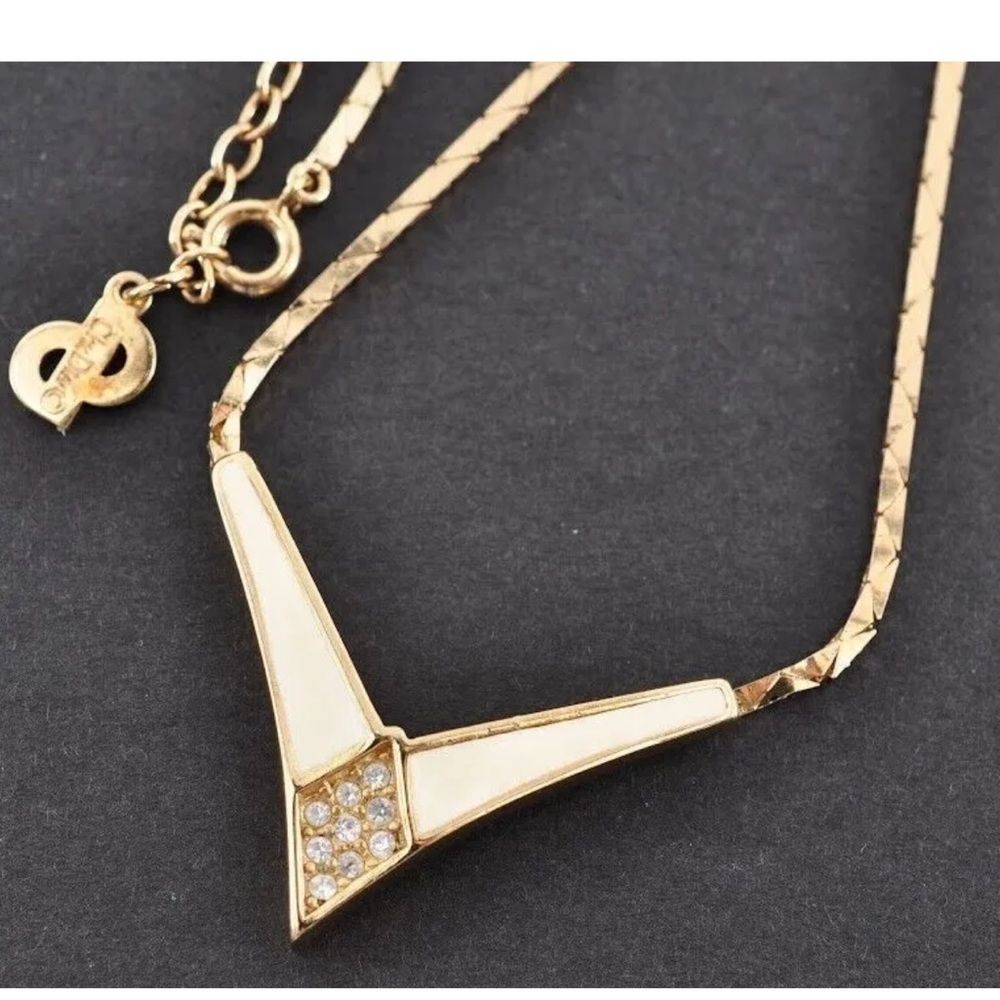 Christian Dior CD Logo Light Stone V-Shaped Necklace Gold Plate Authentic GUC